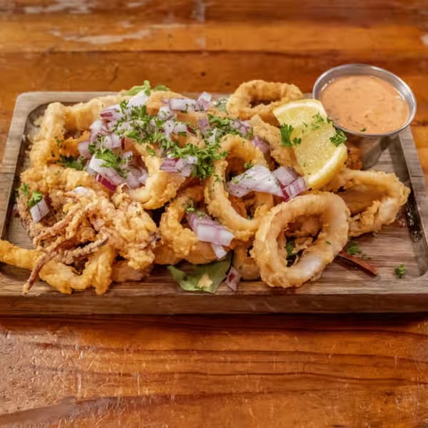 Crispy fried calamari rings and tentacles with red onion, parsley, lemon, and dipping sauce.