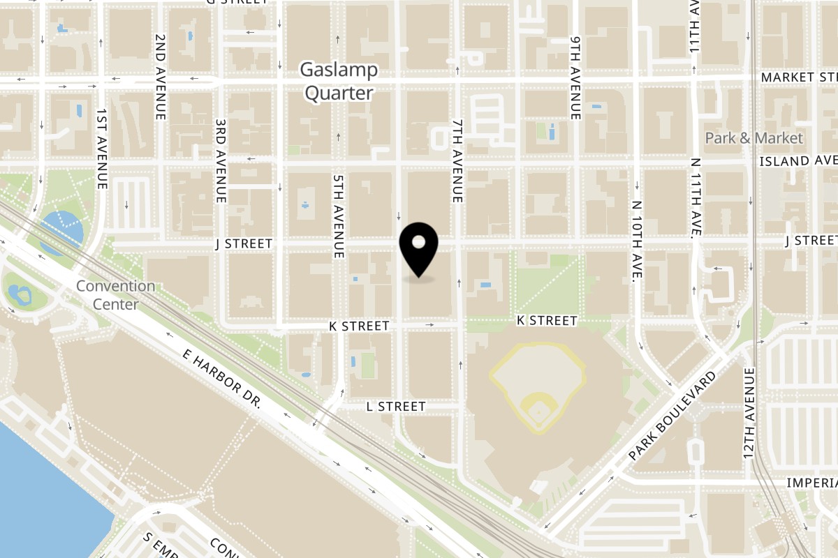 Map showing the location of Meze Greek Fusion on 345 Sixth Ave in San Diego